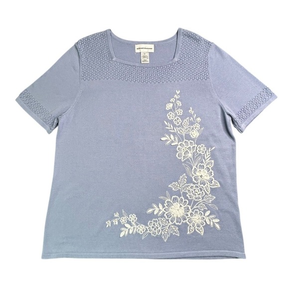 Alfred Dunner Sweater Womens Size M Blue Floral Accents S/S Lightweight - Picture 9 of 10